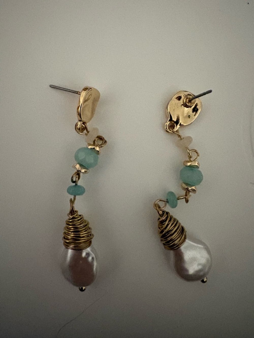 Princess Polly Gold Wire-Wrapped Pearl Drop Earrings with Aqua Beads